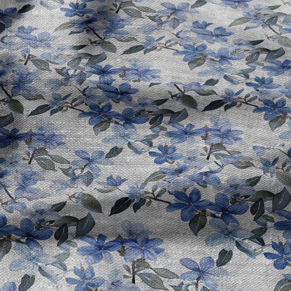 100% LINEN Fabric floral blue blossom print on oatmeal linen - blue gray heavy fabric for upholstery - medium weight linen dress making
