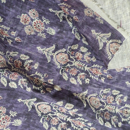 100% LINEN Fabric block print indian purple 3656 -  oatmeal linen fabric with green floral print decor