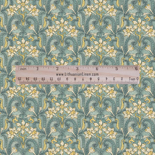 100% linen Art Nouveau Print fabric for Curtain Upholstery Cushion - Floral fabric Jonquil green - for dress making sewing 2454