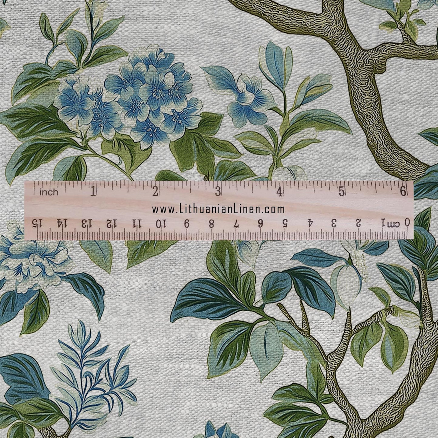 100% LINEN Fabric tropical flower print - floral green blue gray print on oatmeal linen for home decor sewing dress clothing 2370