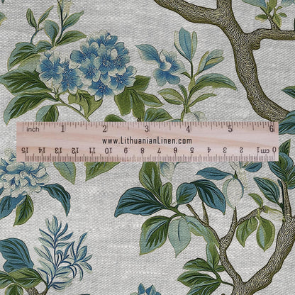 100% LINEN Fabric tropical flower print - floral green blue gray print on oatmeal linen for home decor sewing dress clothing 2370