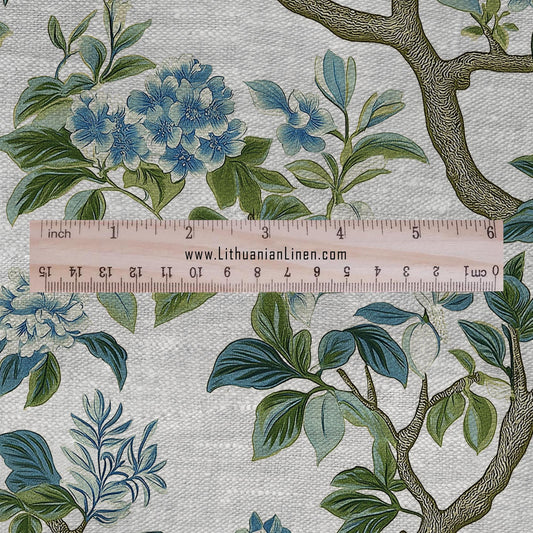 100% LINEN Fabric tropical flower print - floral green blue gray print on oatmeal linen for home decor sewing dress clothing 2370