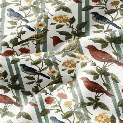100% LINEN Fabric Birds on fence print - botanical stripe upholstery home textile artisan fabrics red blue green white 2745