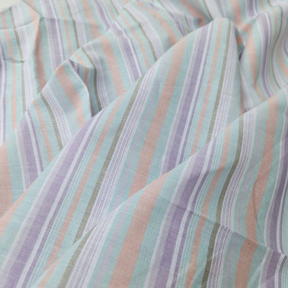 Premium Linen striped Fabric in pastel purple pink white | Medium weight multicolor stripes Roskilde Stripe for clothing home textile