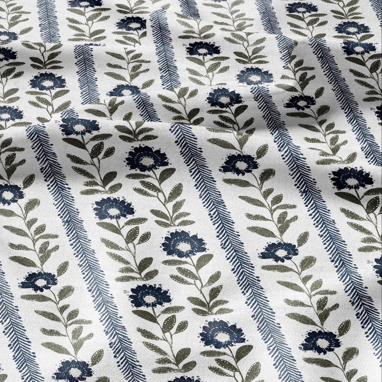 100% LINEN Fabric Floral stripe print green blue - floral upholstery home textile artisan fabrics blue green white 3126