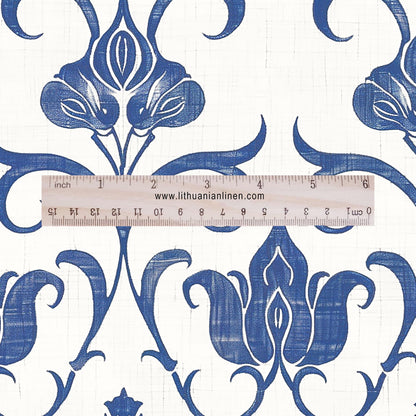 100% LINEN Fabric stripe Tulips floral print linen - blue linen botanical fabric for upholstery home decor dress making