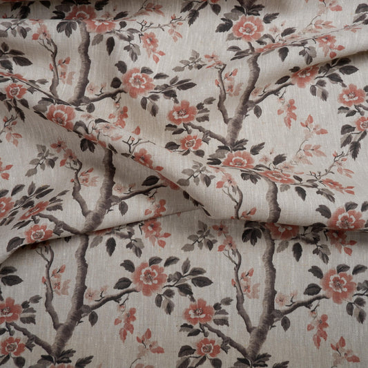 100% LINEN Fabric block print - oatmeal linen fabric with pink brown floral print - fabric for upholstery home decor or dressmaking 2039