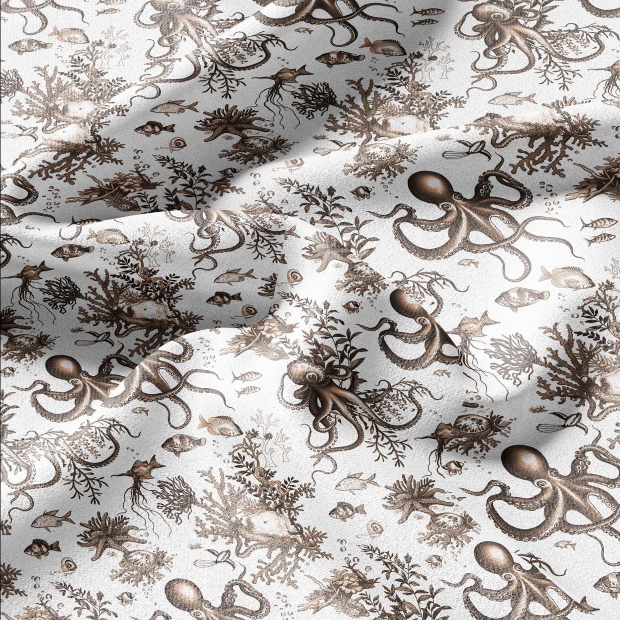 100% LINEN Fabric octopus linen -brown white floral fabric for upholstery home decor dress making 306B