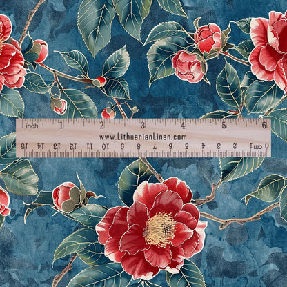 100% LINEN Fabric oriental print - chinoiserie roses blossom print - upholstery home decor clothing sewing 2132