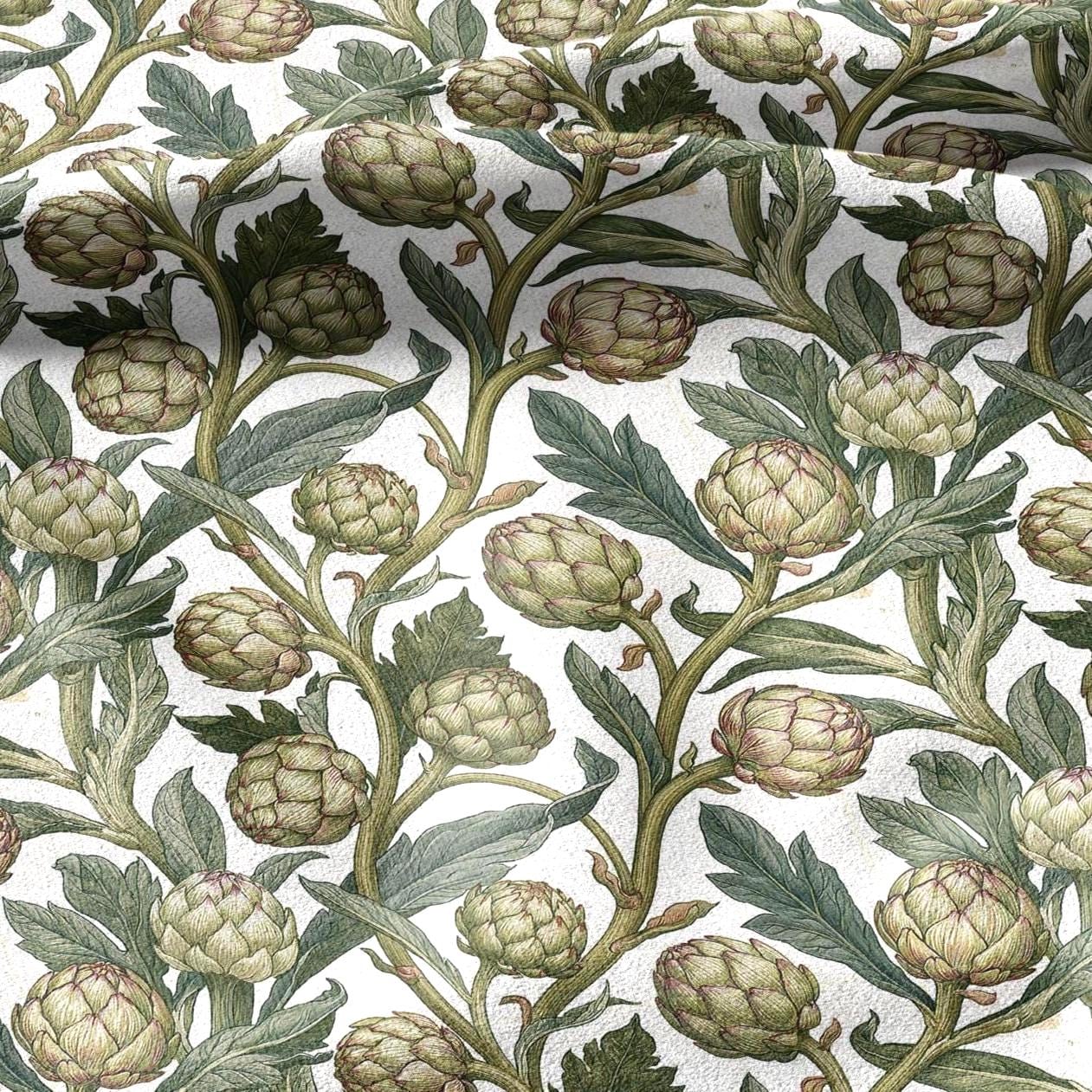 100% linen fabric Green Artichoke print - Vintage vegetable botanical  - modern vintage greenery 3361