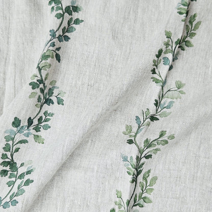 100% LINEN Fabric Striped floral print - block print green leaves on oatmeal linen for upholstery curtains dress making 2668