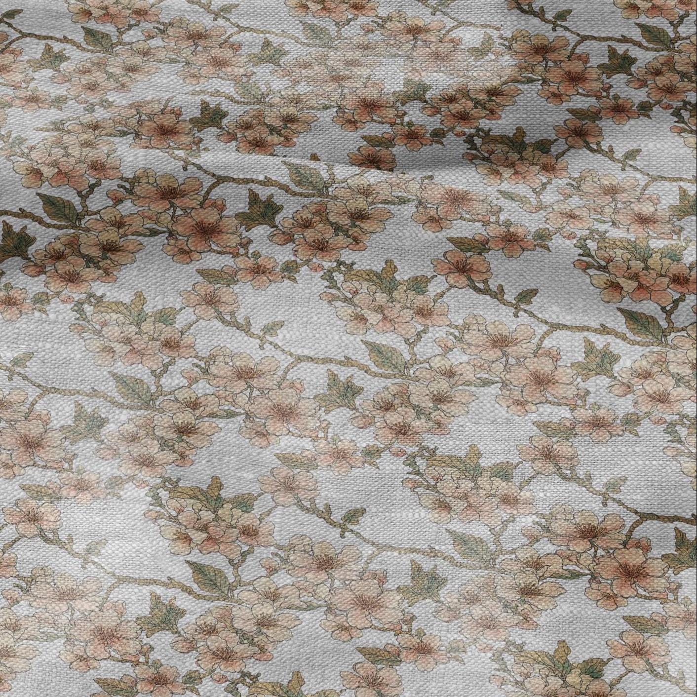 100% LINEN Fabric print Stripe floral pink green blue- oatmeal linen fabric with floral print - heavy for home decor clothing 3037