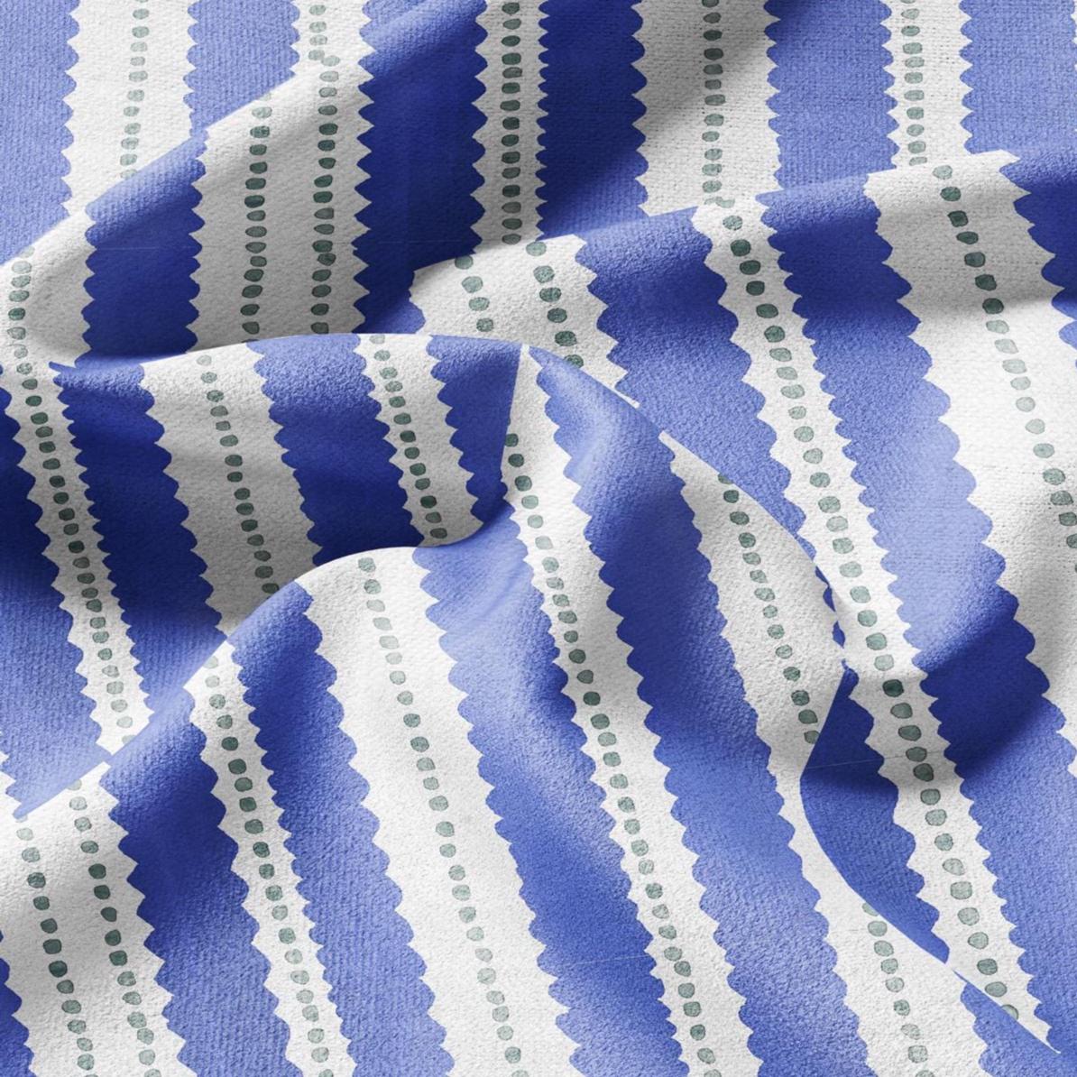 100% LINEN Fabric Scalloped stripe print - retro blue dot stripe - for upholstery home decor - medium for dress making 2884B