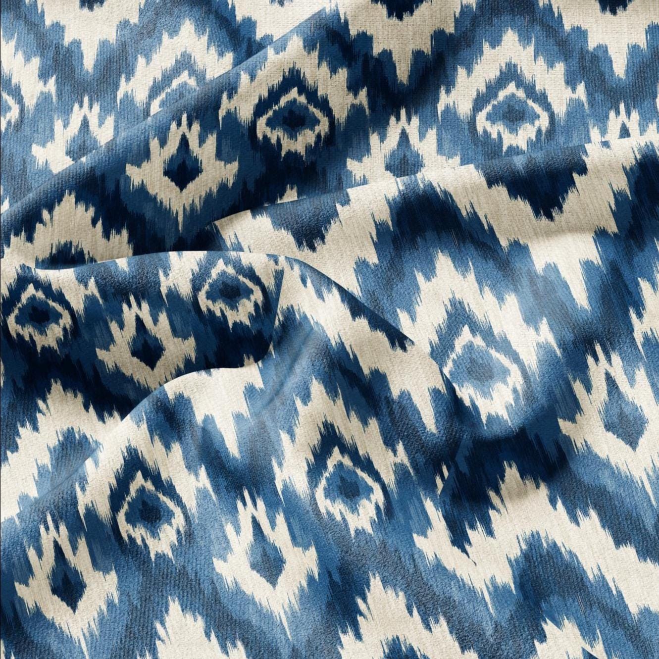 100% LINEN Fabric Abstract Ikat ethno print - Modern Blue beige - for upholstery home decor curtains pillows sewign dress 2980