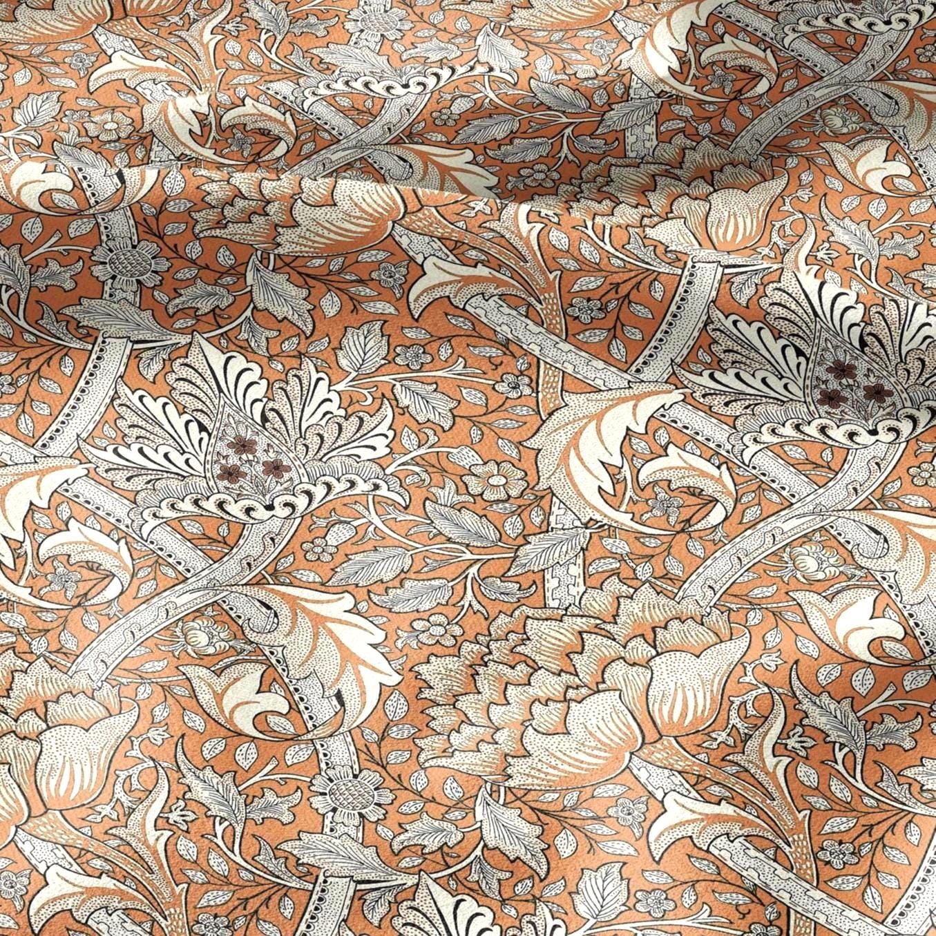 100% LINEN Fabric William Morris windrush orange print - British linen floral upholstery home textile Victorian fabrics 2739