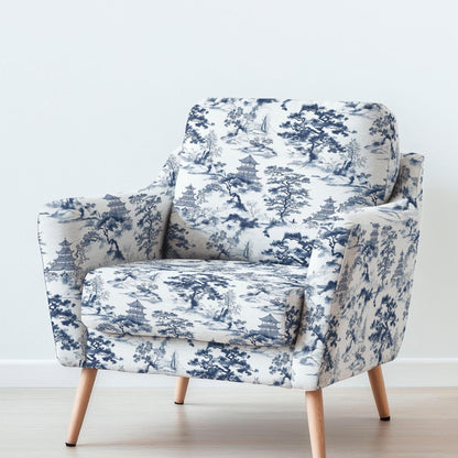 100% LINEN Fabric UPHOLSTERY 12oz - Kyoto Japanese landscape blue print - toile de jouy - pagoda scenery pine floral upholstery 2327