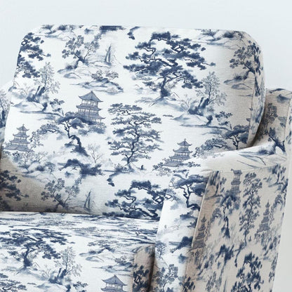 100% LINEN Fabric UPHOLSTERY 12oz - Kyoto Japanese landscape blue print - toile de jouy - pagoda scenery pine floral upholstery 2327