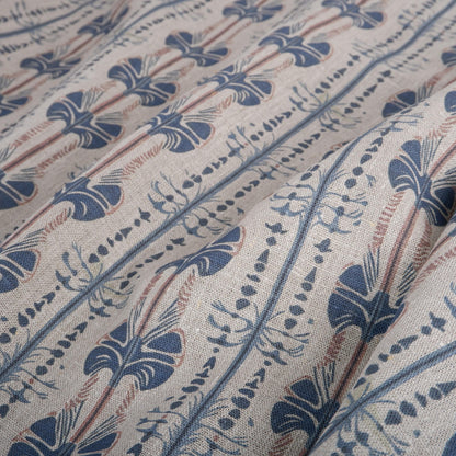 100% LINEN Fabric Stripe abstract blue block print on oatmeal natur linen, floral toile de jouy fabric, French linen floral upholstery 2237