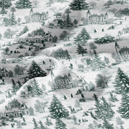 100% LINEN Fabric Winter Castle - toile de jouy green white print linen heavy for upholstery home decor - medium for dress making 2813