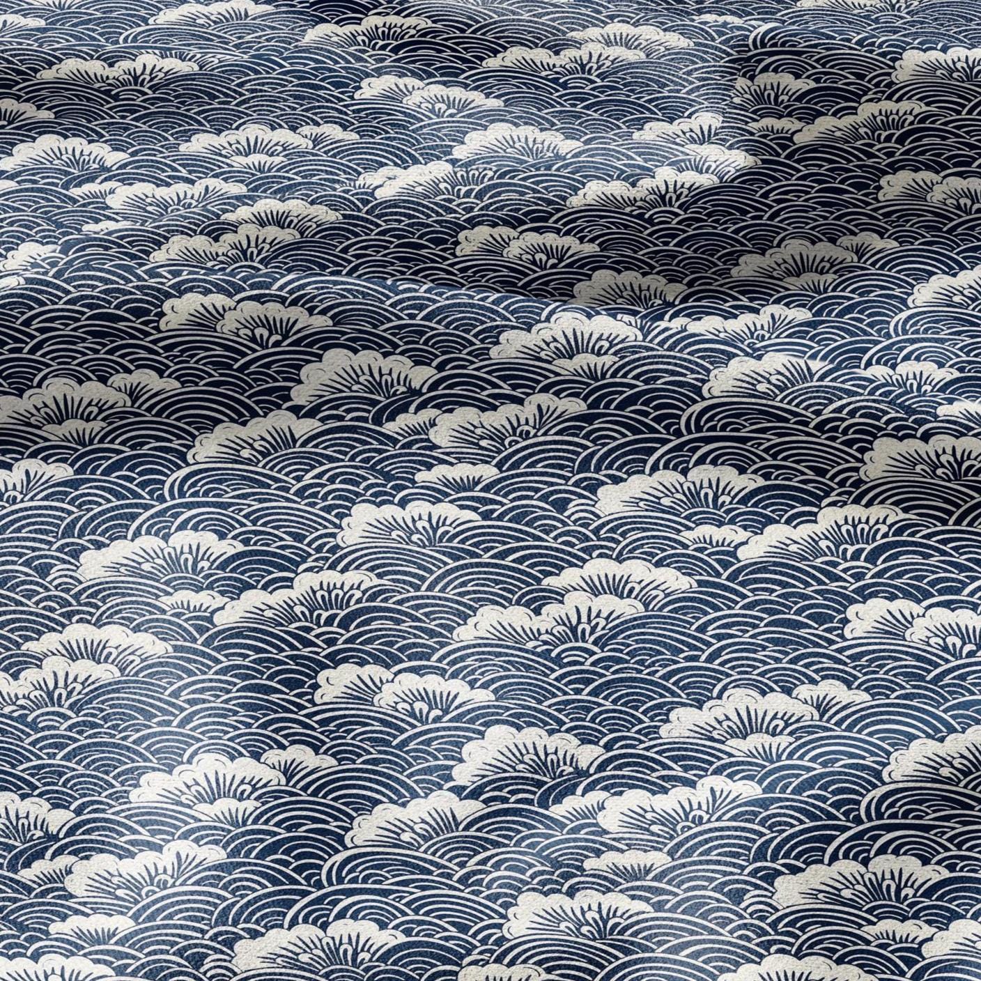 100% LINEN Fabric block print indigo on white - Japanese sea -  heavy linen fabric for upholstery home decor or medium for dress making 2150