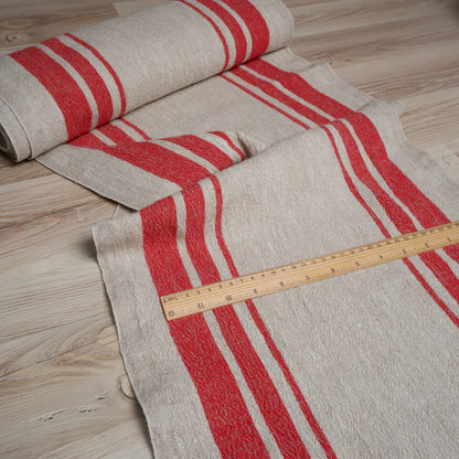 Red stripes in linen fabric - sack weave - Grainsack - 055A
