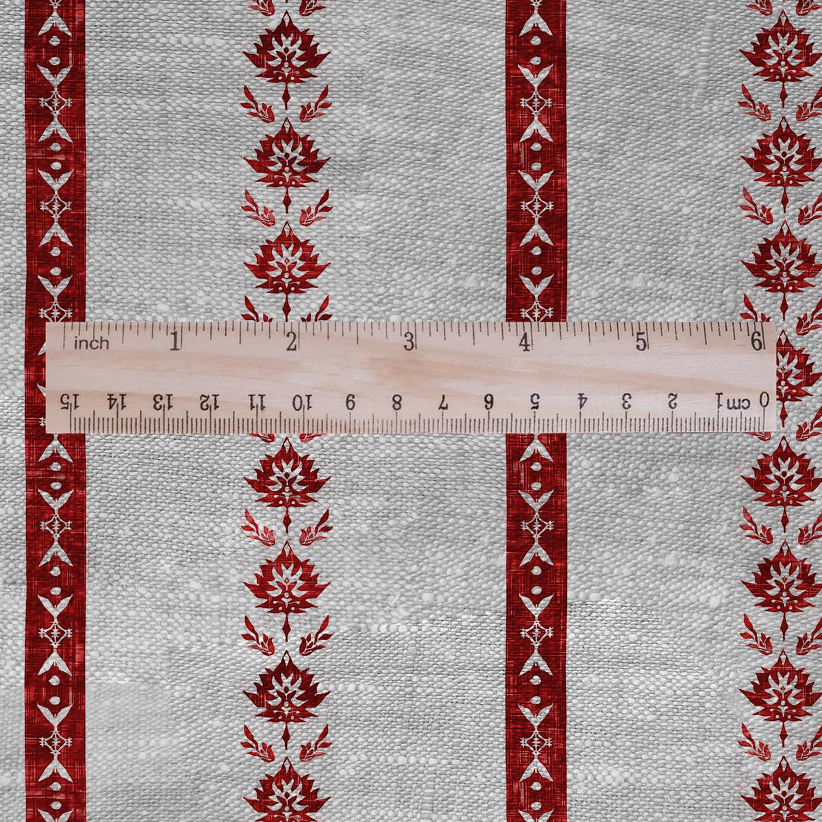100% LINEN Fabric Striped floral print - block print red leaves on oatmeal linen for upholstery curtains dress making 3316