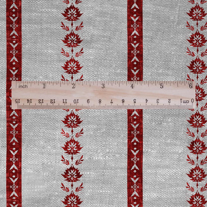 100% LINEN Fabric Striped floral print - block print red leaves on oatmeal linen for upholstery curtains dress making 3316