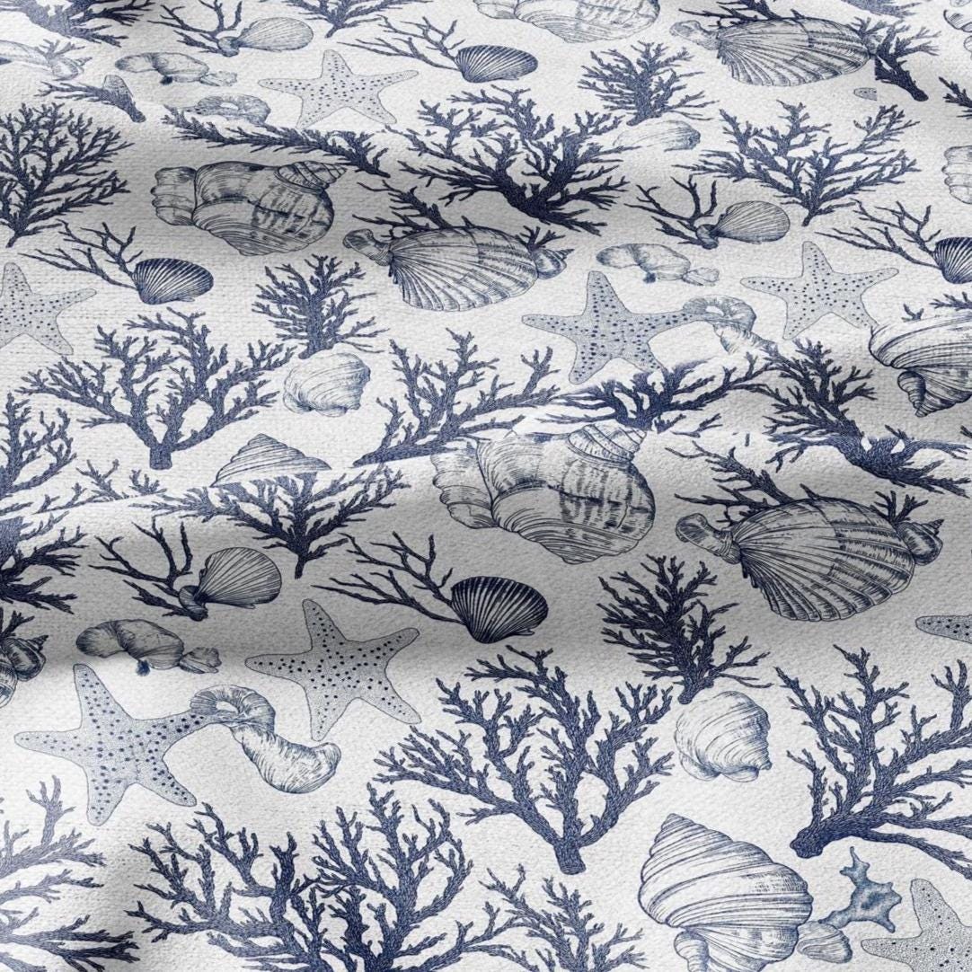 100% LINEN Fabric corals & shells print linen - coastal fabric for upholstery home decor dress making 2364