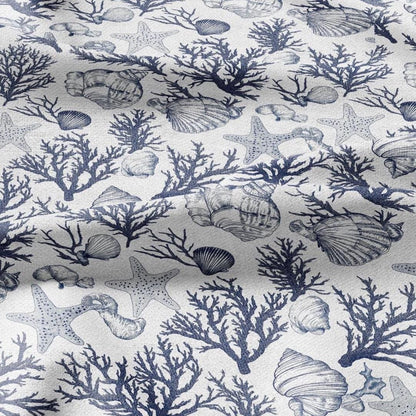 100% LINEN Fabric corals & shells print linen - coastal fabric for upholstery home decor dress making 2364