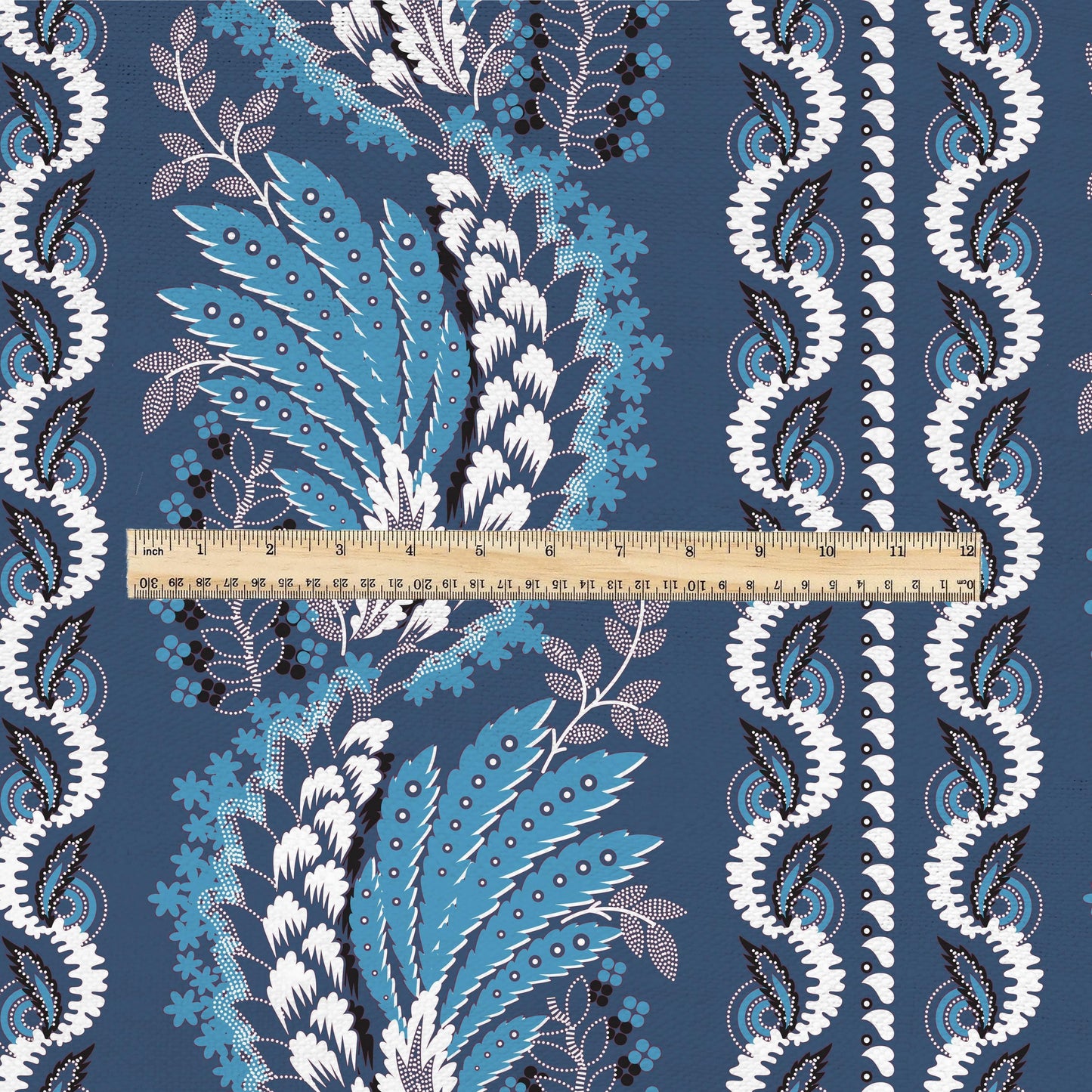 100% LINEN Fabric Vintage floral squirl stripe print - Modern botanical - Victorian Art Craft blue 2960