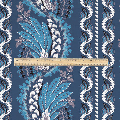 100% LINEN Fabric Vintage floral squirl stripe print - Modern botanical - Victorian Art Craft blue 2960
