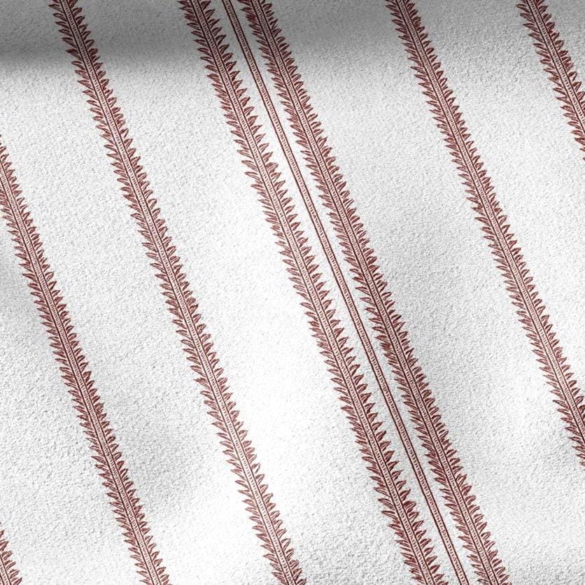 100% LINEN Fabric french red white stripe print - vintage modern  3360