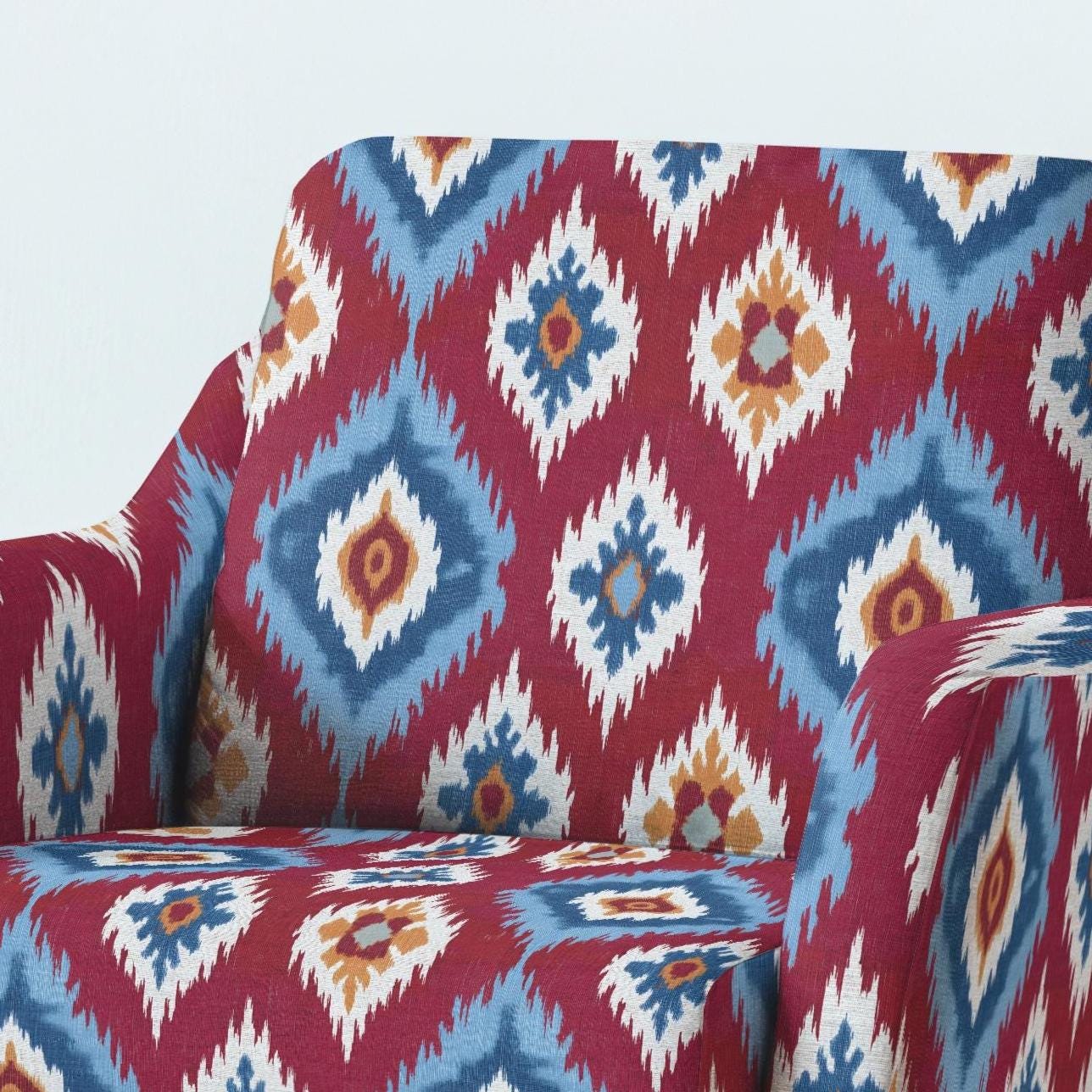 100% LINEN Fabric UPHOLSTERY 12oz - Red blue contrast checks ikat print on linen 2967