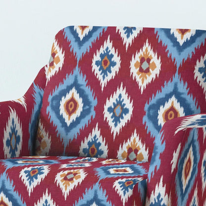 100% LINEN Fabric UPHOLSTERY 12oz - Red blue contrast checks ikat print on linen 2967