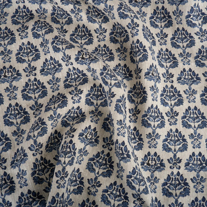 100% LINEN Fabric indigo blue block print - oatmeal neutral fabric with blue floral print - linen for upholstery home decor dressmaking 389