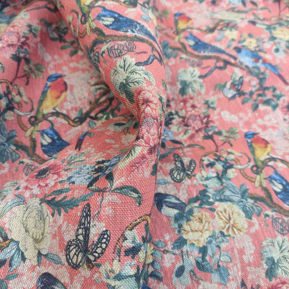 100% LINEN Fabric Toile de Jouy with flowers and birds, pink botanical print linen fabric for home decor upholstery