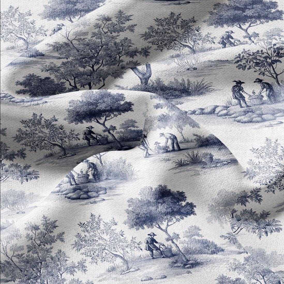 100% LINEN Fabric Toile de jouy print work in garden blue - floral upholstery home textile artisan fabrics blue white 3111
