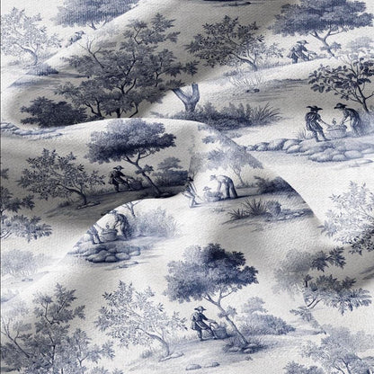 100% LINEN Fabric Toile de jouy print work in garden blue - floral upholstery home textile artisan fabrics blue white 3111