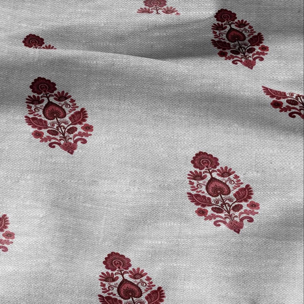 100% LINEN Fabric Block Pandanus flower print red - oatmeal linen fabric with floral print - heavy for home decor clothing 3046