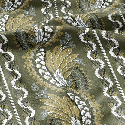 100% LINEN Fabric Vintage floral squilr stripe print - Modern botanical - Victorian Art Craft yellow green 3160