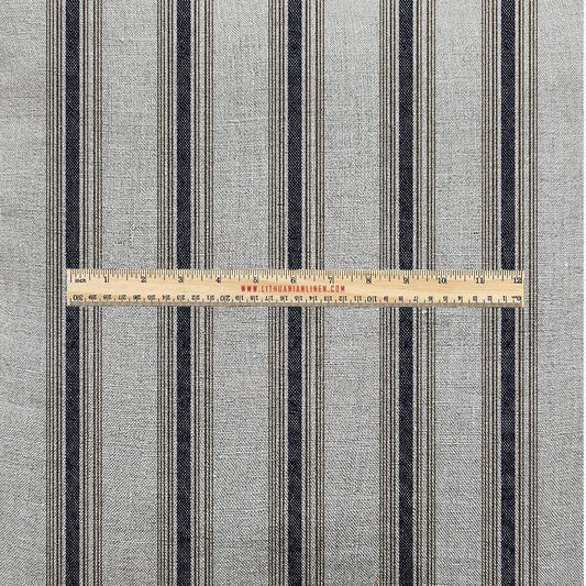 100% LINEN Fabric UPHOLSTERY 12oz - Sack stripe Belgian print on linen - Modern vintage pattern brown navy 2969