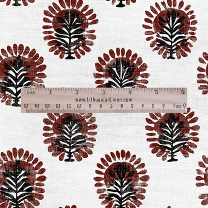 100% LINEN Fabric floral print - brown white stripe block print linen heavy for upholstery home decor - medium for dress making 2793
