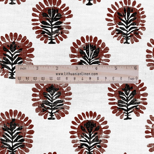 100% LINEN Fabric floral print - brown white stripe block print linen heavy for upholstery home decor - medium for dress making 2793