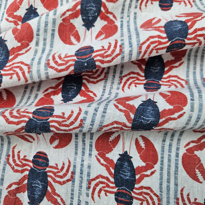 100% LINEN Fabric LOBSTER stripe print - linen fabric with  coastal print for upholstery home decor or medium for dress making 2535