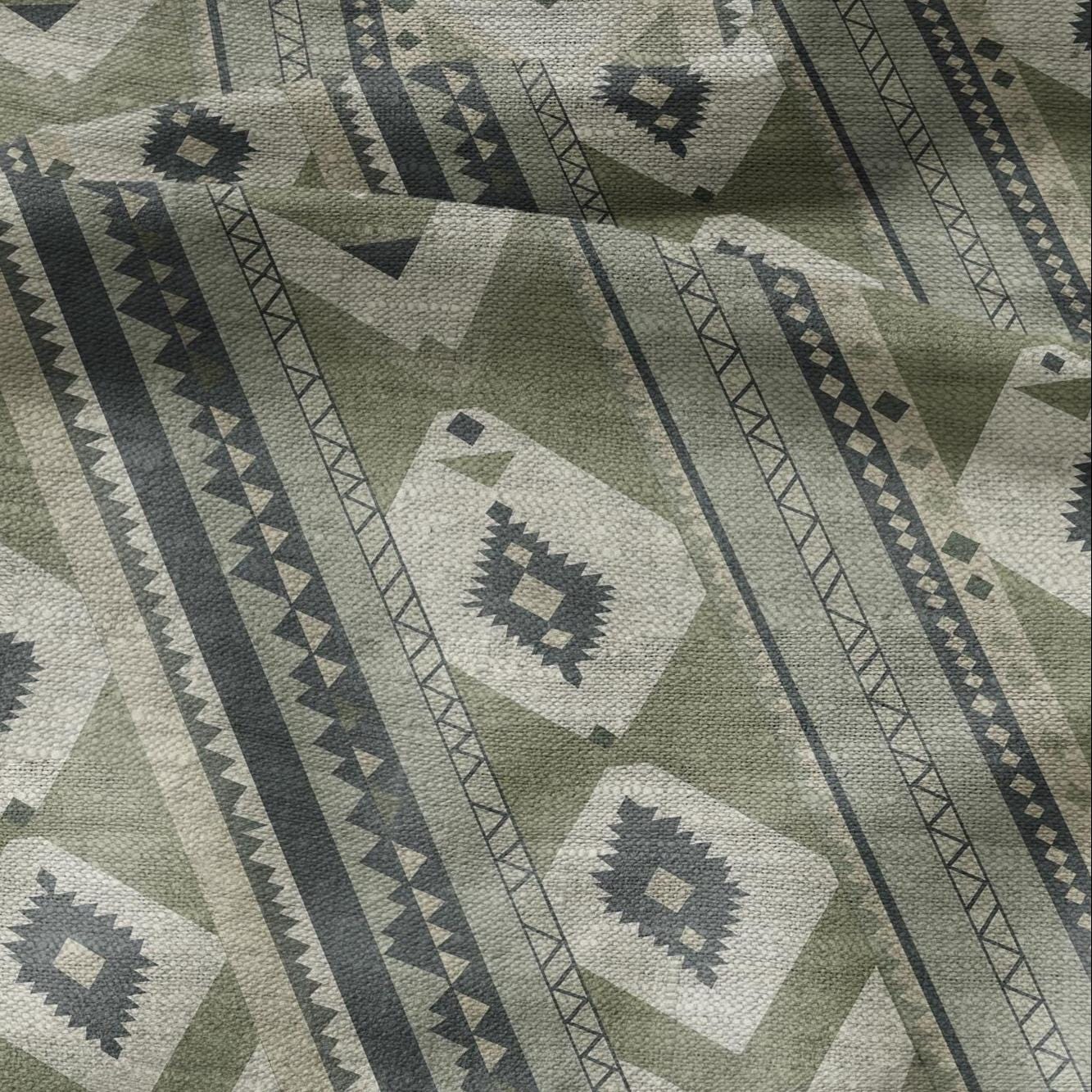 100% LINEN Fabric Western Abstract in pale green - tribal green print on linen print upholstery curtains dress making