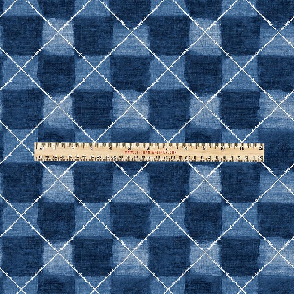 100% LINEN Fabric UPHOLSTERY 12oz - Indigo Shibori abstract squares - Modern Geometric Dark Blue Neutral Minimal upholstery 2978