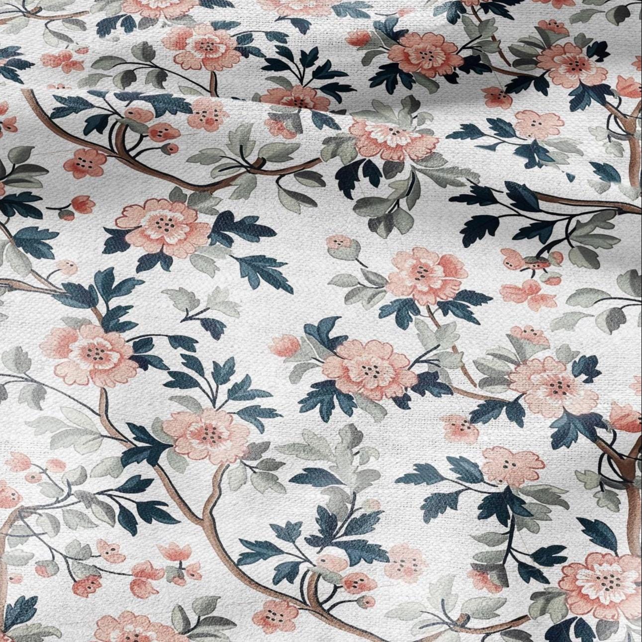 100% LINEN Fabric pink Roses Gulab flower print - botanical upholstery home textile artisan fabrics pink green white 2750