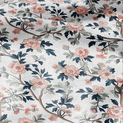 100% LINEN Fabric pink Roses Gulab flower print - botanical upholstery home textile artisan fabrics pink green white 2750