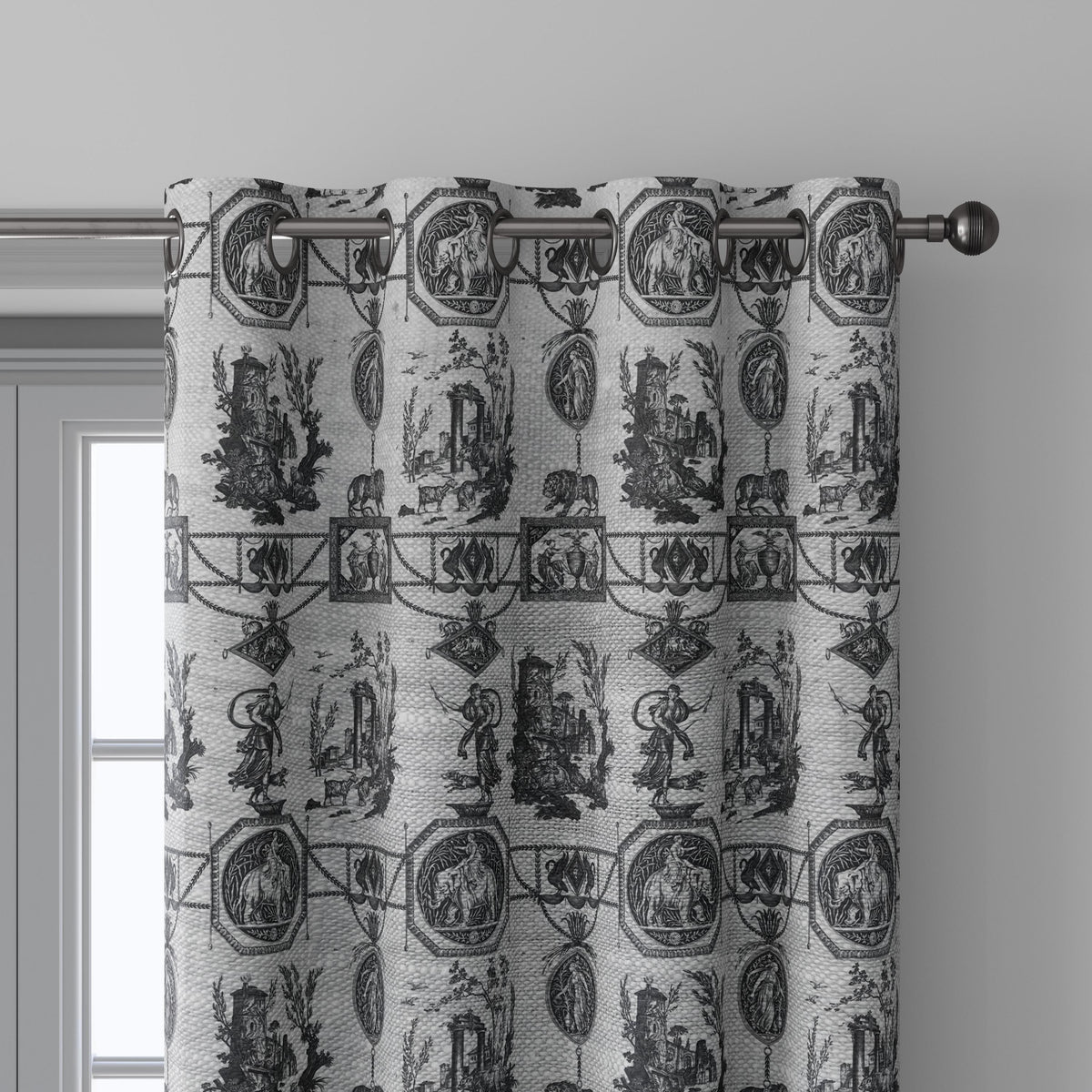 100% LINEN Fabric french blakc print oatmeal - Goddess Diana with Lion - toile de jouy - Diane chasseresse by Jean-Baptiste Huet 3420