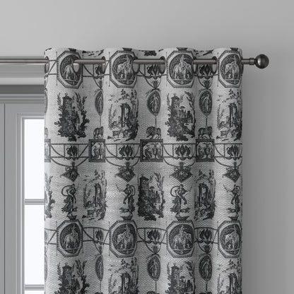 100% LINEN Fabric french blakc print oatmeal - Goddess Diana with Lion - toile de jouy - Diane chasseresse by Jean-Baptiste Huet 3420